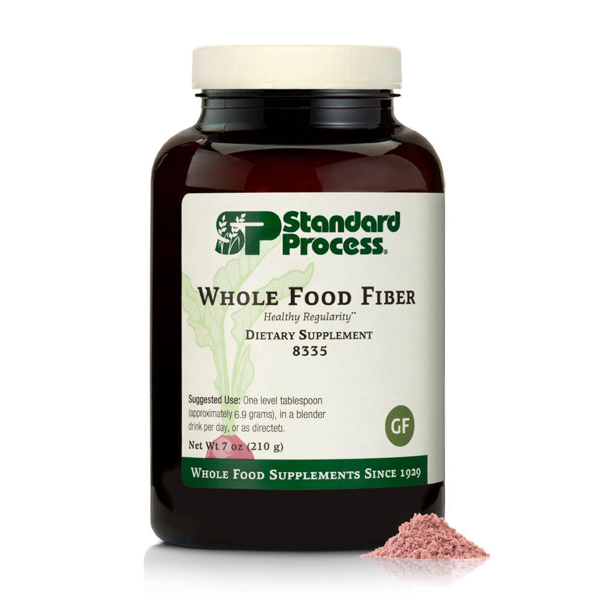 Standard Process Whole Food Fiber tub front label highlighting vegan and gluten-free features.