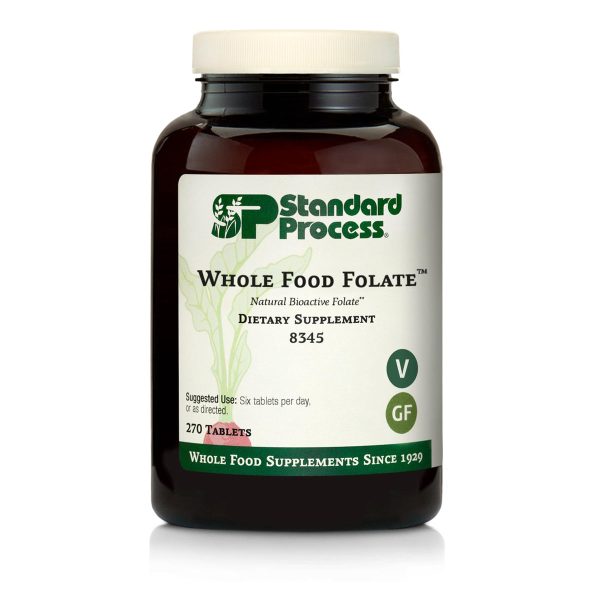 Standard Process Whole Food Folate bottle showing vegetarian B9 and B12 support for cellular health.