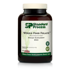 Standard Process Whole Food Folate bottle showing vegetarian B9 and B12 support for cellular health.