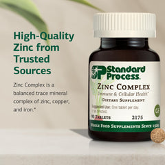 Standard Process Zinc Complex capsules; convenient daily support for enzyme function and immunity.
