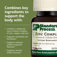 Standard Process Zinc Complex nutrition panel; gluten-free, non-dairy, and non-soy features highlighted.