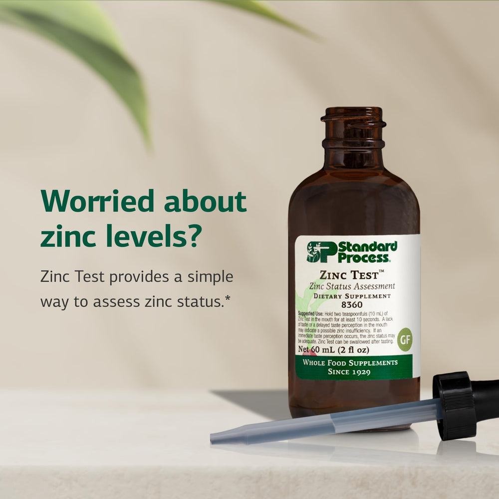 Standard Process Zinc Test label closeup highlights zinc content and guidance.