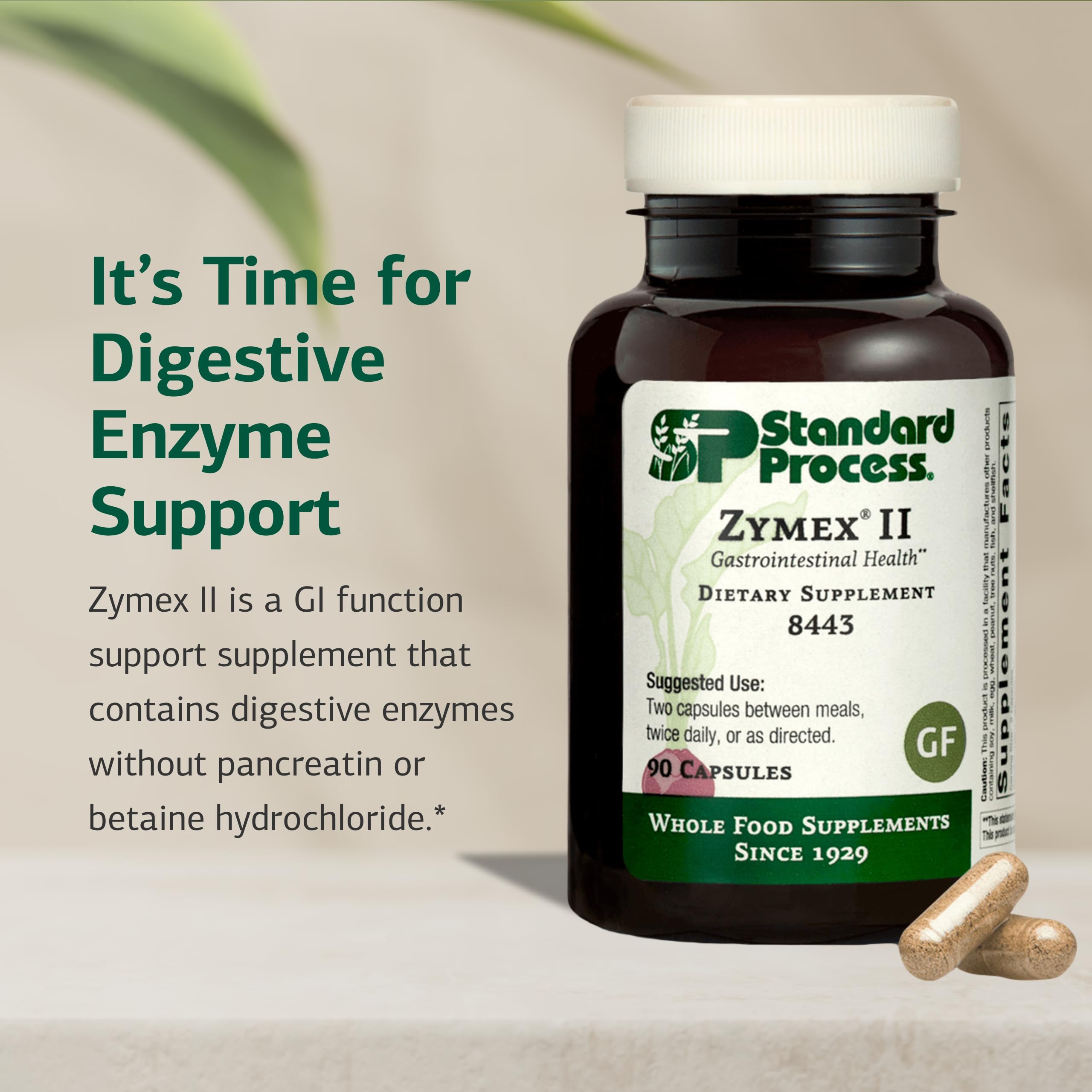Front label of Standard Process Zymex II highlighting digestive enzyme blend.