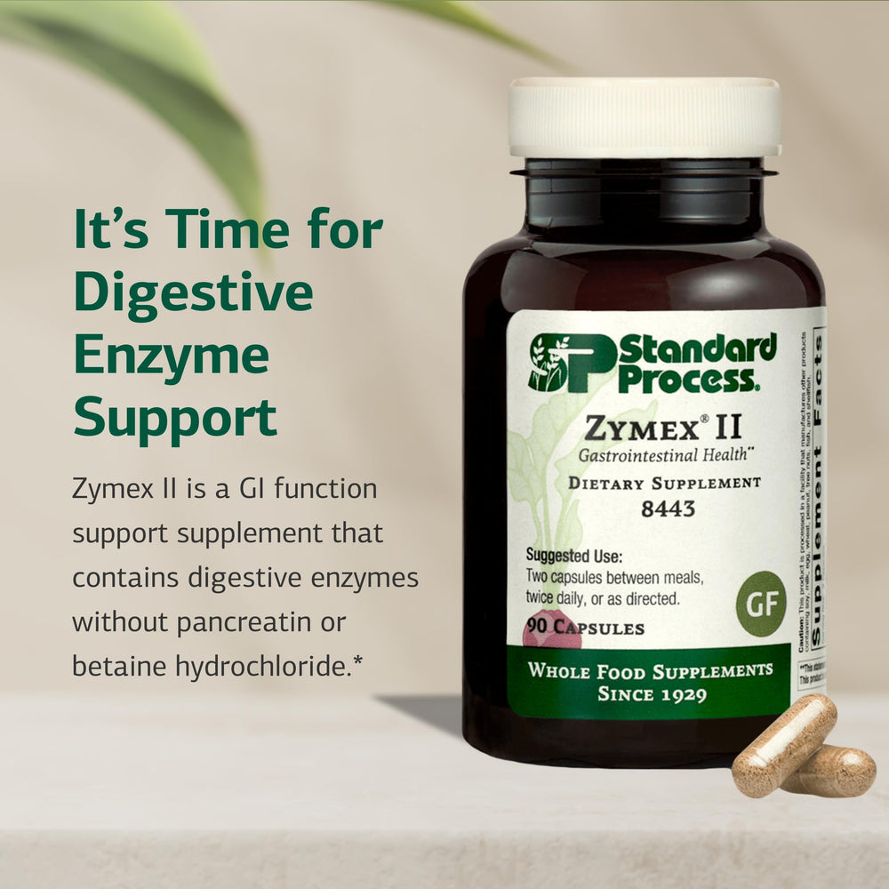 Front label of Standard Process Zymex II highlighting digestive enzyme blend.