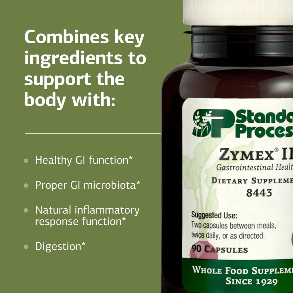 Standard Process Zymex II packaging emphasizing gluten-free and non-soy formula.