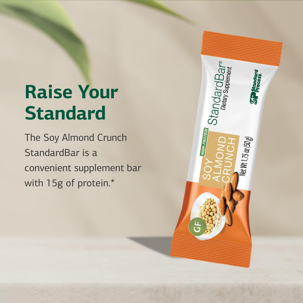 Standard Process StandardBar Soy Almond Crunch nutrition label highlights protein and minerals