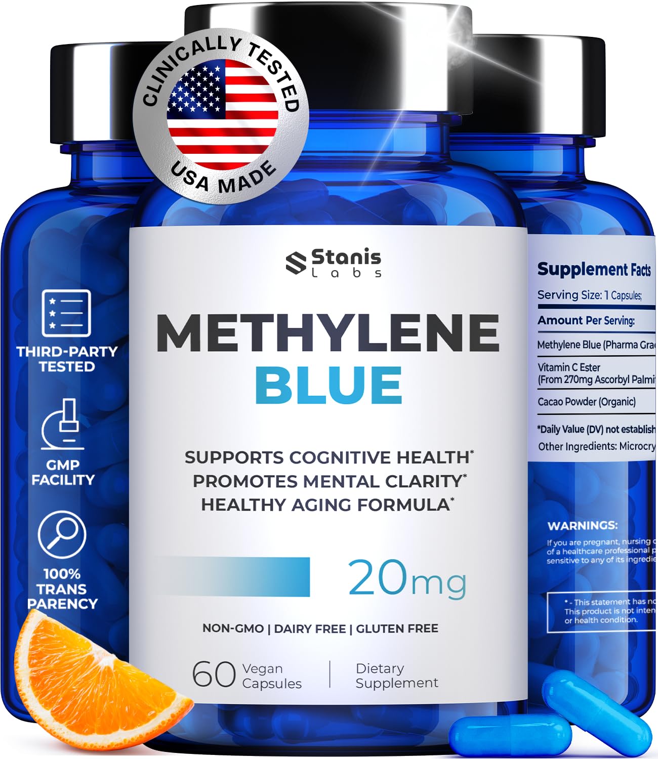 Stanis Labs bottle of Ultimate Methylene Blue capsules shows steady focus potential.