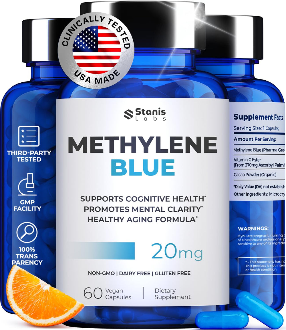 Stanis Labs bottle of Ultimate Methylene Blue capsules shows steady focus potential.