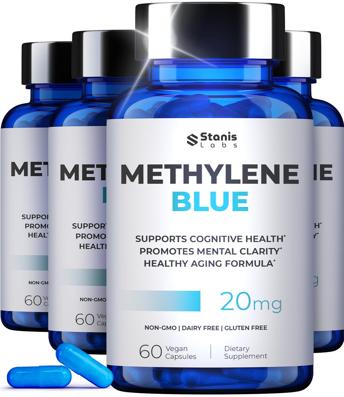 Stanis Labs Ultimate Methylene Blue Capsules bottle on desk for focused study sessions.