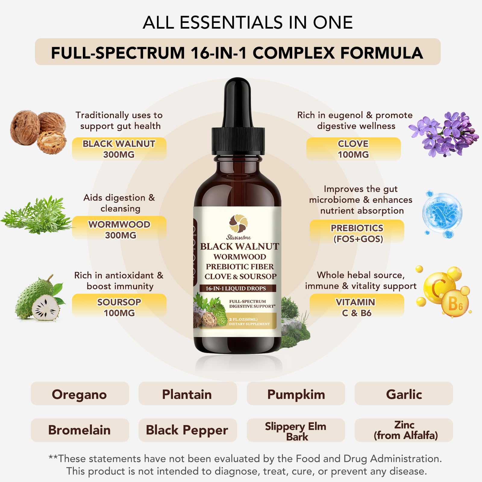 Starisetme Wormwood Black Walnut drops highlight convenient daily digestive wellness.