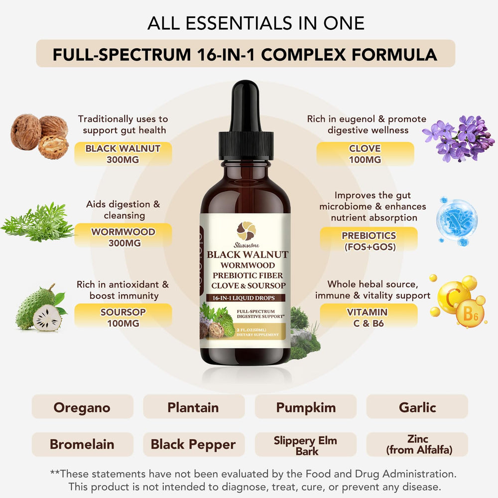 Starisetme Wormwood Black Walnut drops highlight convenient daily digestive wellness.