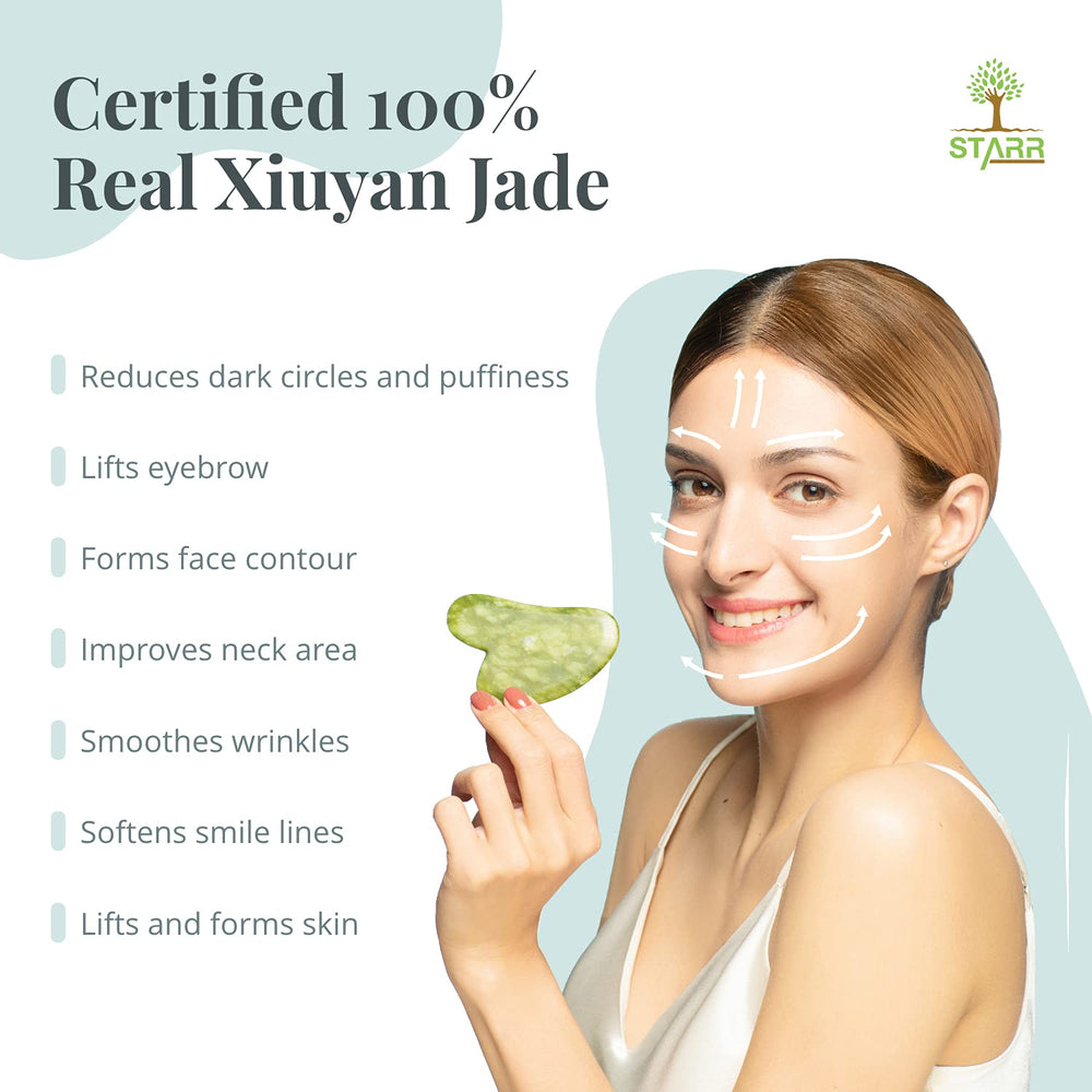 STARR GIA jade gua sha aiding puffiness relief around the eyes and cheeks.