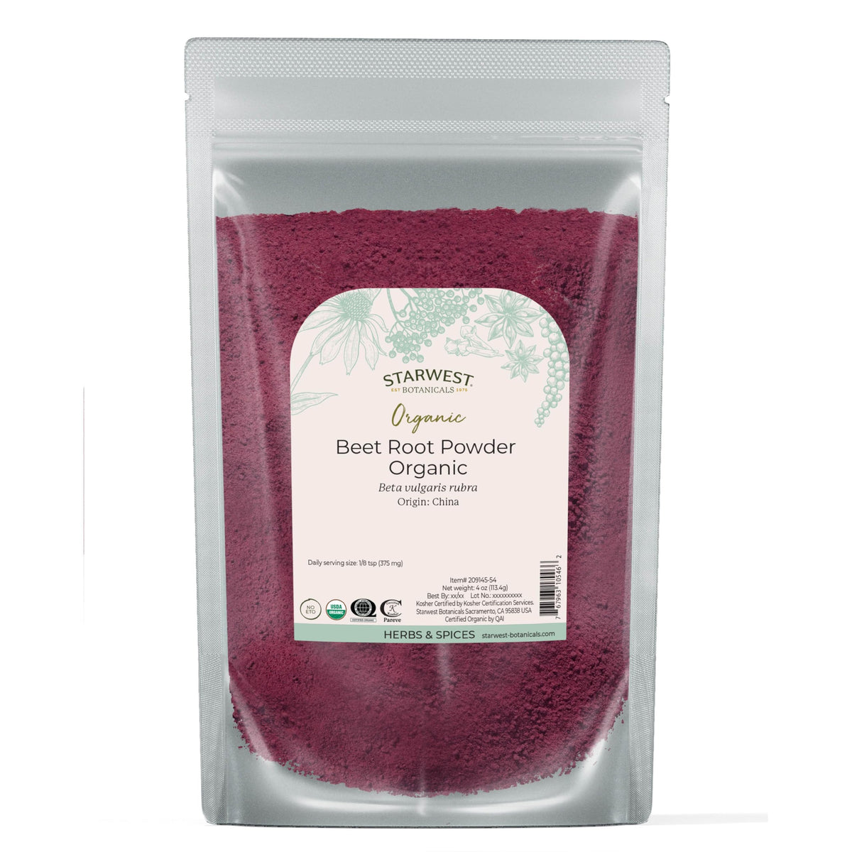 Starwest Beet Root Powder jar closeup showing pure powder ideal for smoothies.
