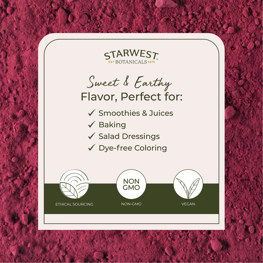 Starwest Beet Root Powder label shows organic and kosher certifications.