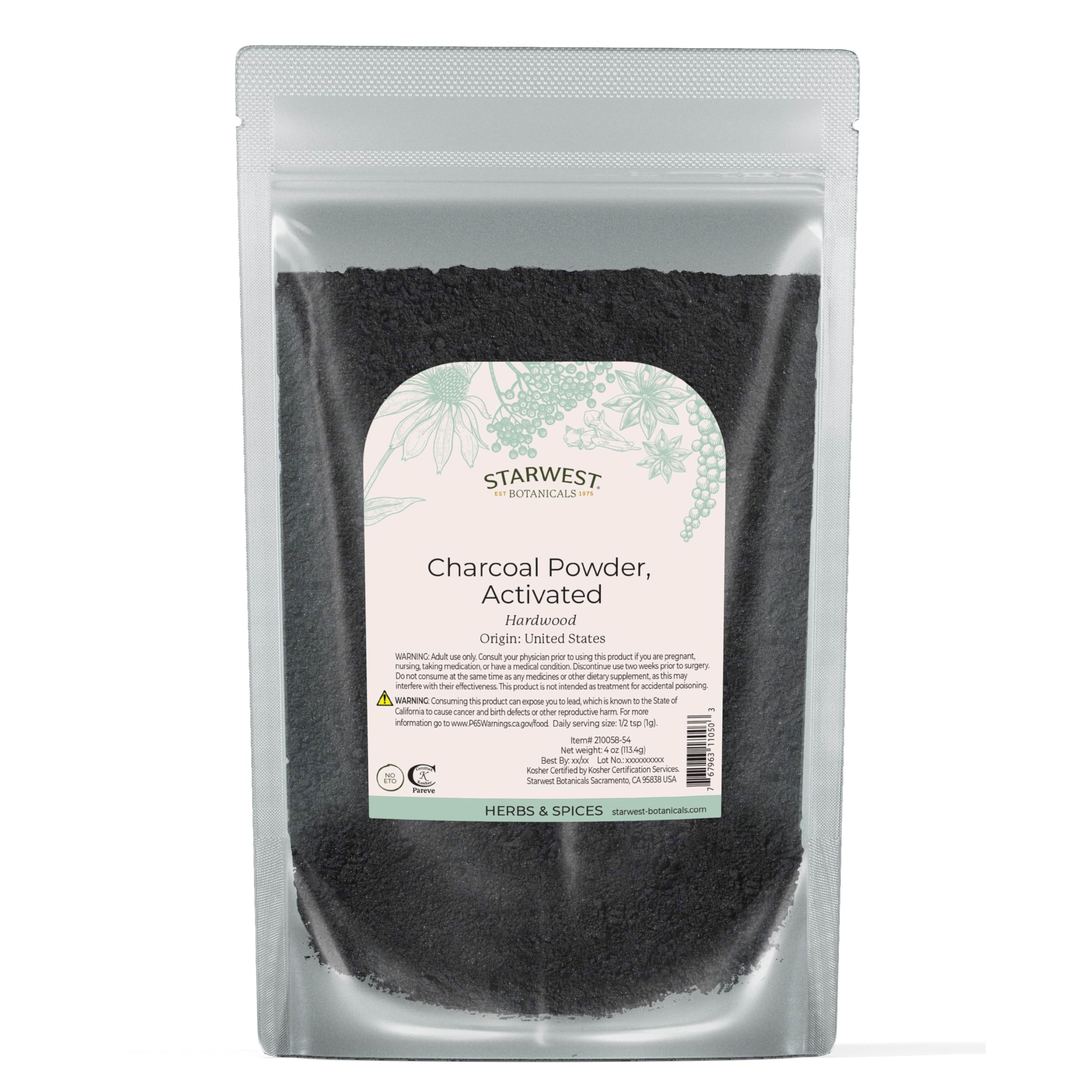 Starwest Botanicals Activated Charcoal packaging photo highlighting premium quality and versatility.