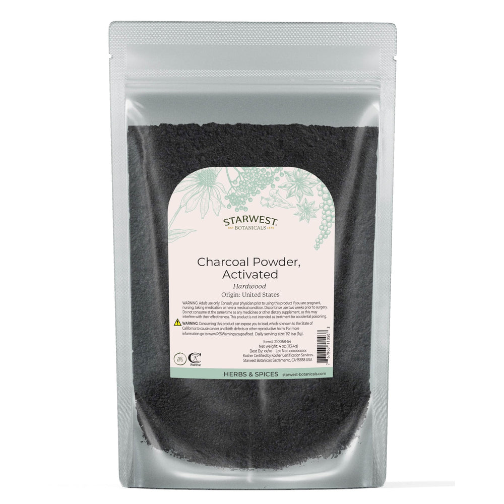 Starwest Botanicals Activated Charcoal packaging photo highlighting premium quality and versatility.