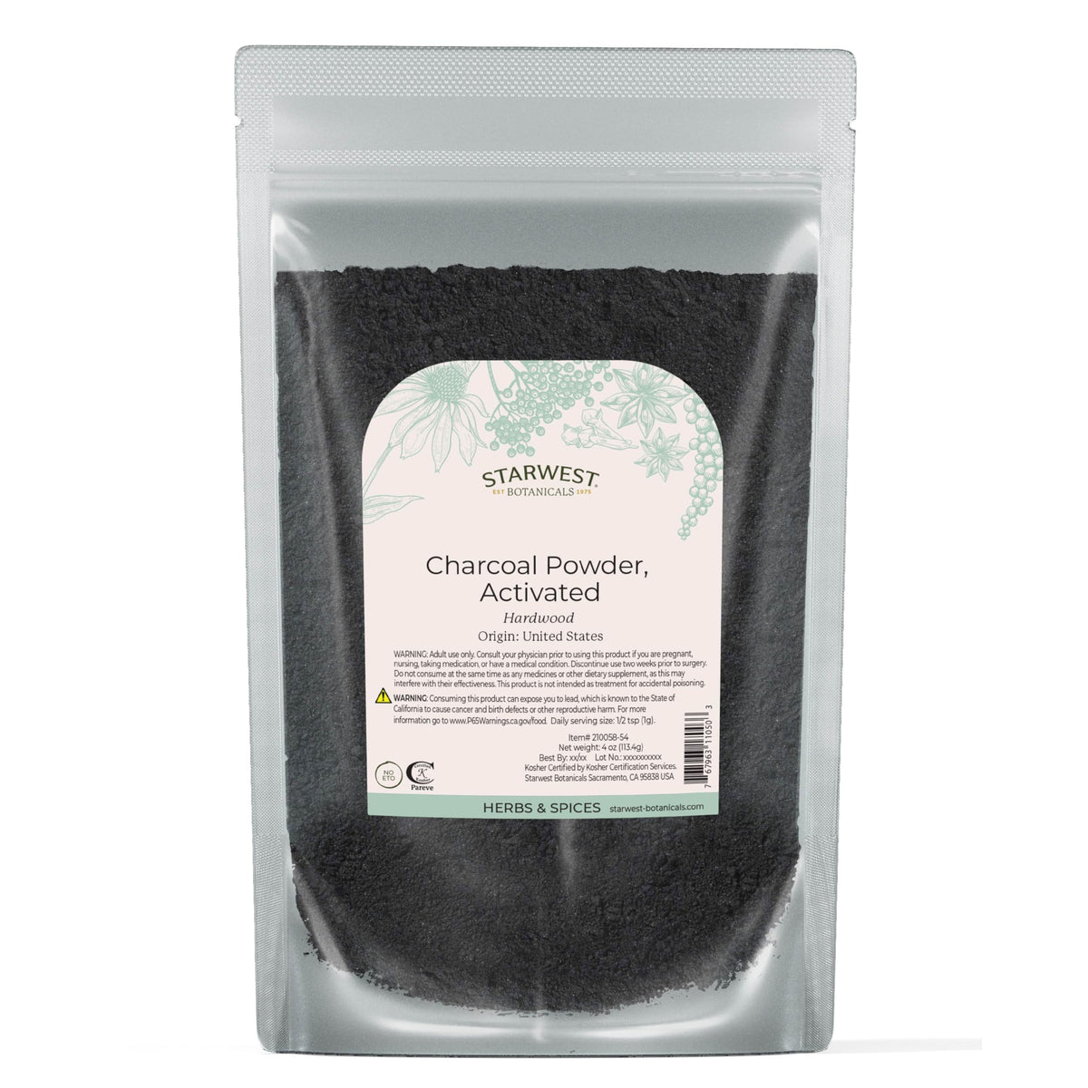 Starwest Botanicals Activated Charcoal packaging photo highlighting premium quality and versatility.