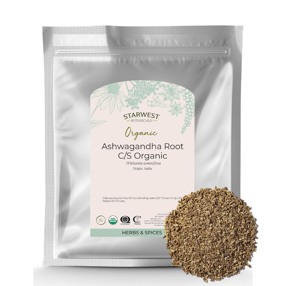 Starwest Botanicals ashwagandha root cut and sifted for bulk tea blends.