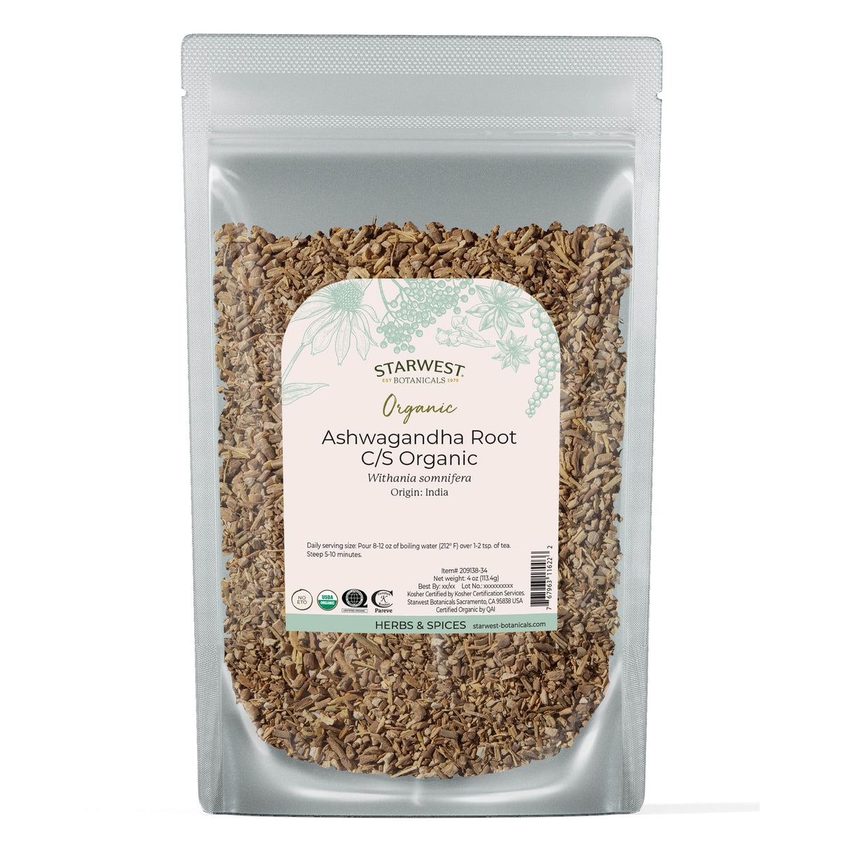 Starwest Botanicals ashwagandha root tea brew shows a calming infusion ideal for focus.