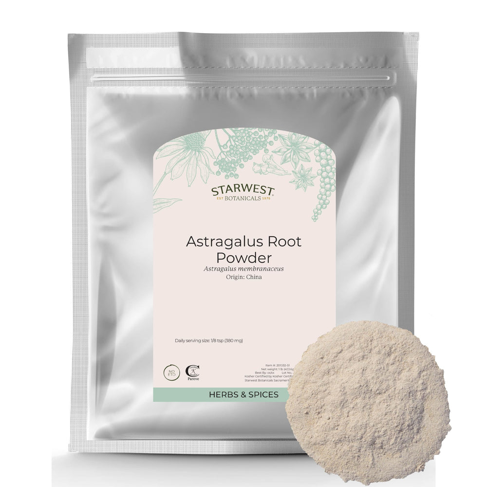 Starwest Botanicals astragalus root powder bag for tea and blends.