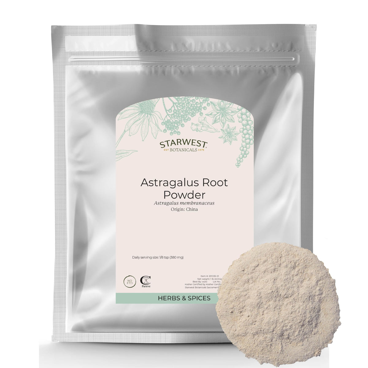 Starwest Botanicals astragalus root powder bag for tea and blends.