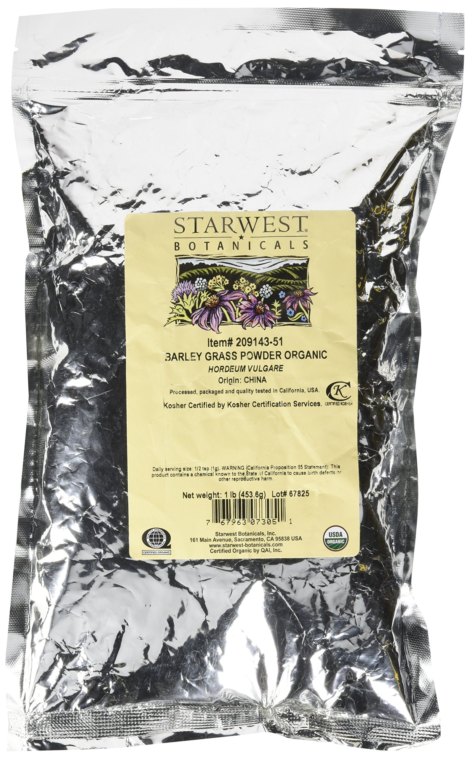 Starwest Botanicals Organic Barley Grass Powder bottle for smoothies and daily greens boost