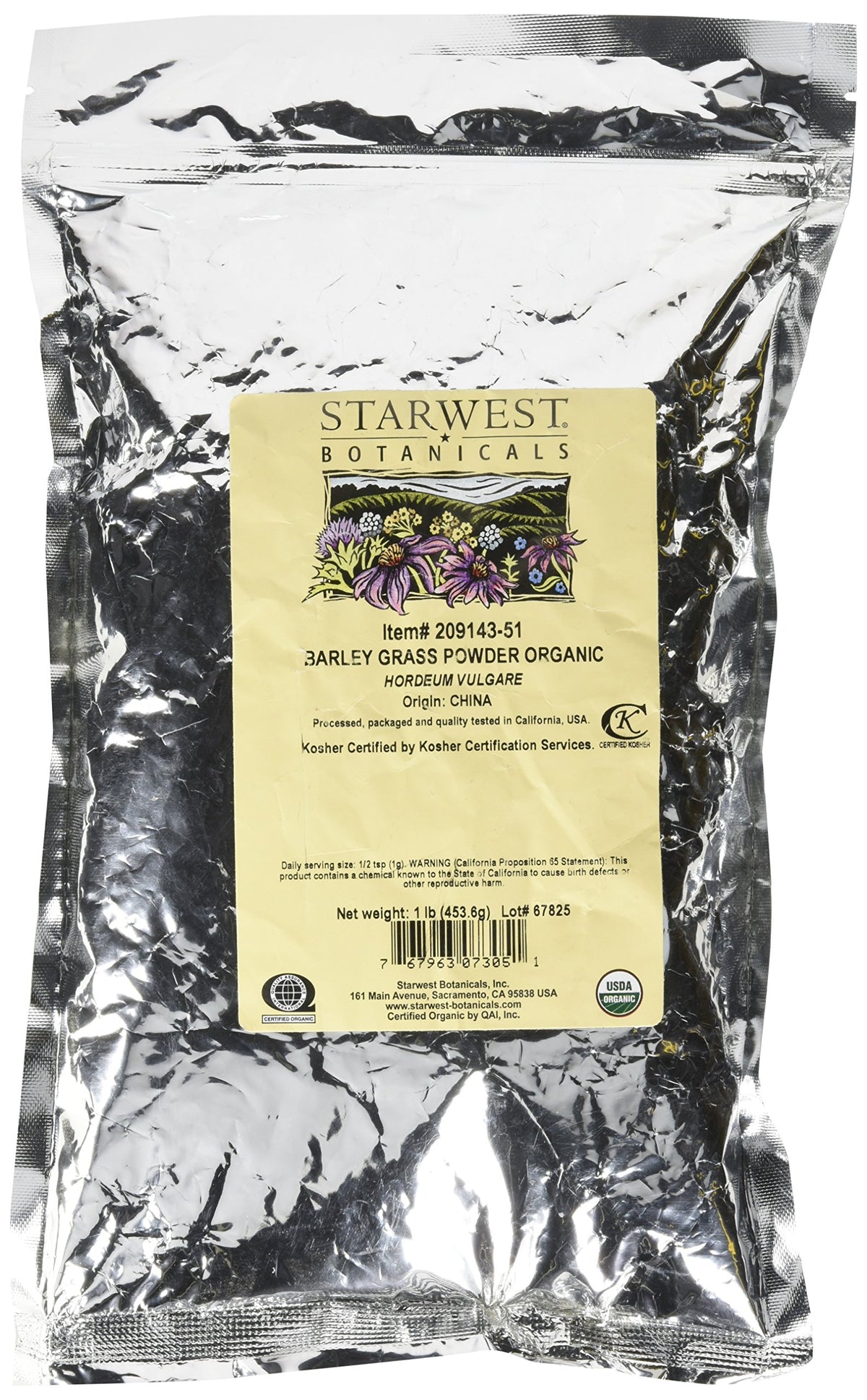 Starwest Botanicals Organic Barley Grass Powder bottle for smoothies and daily greens boost