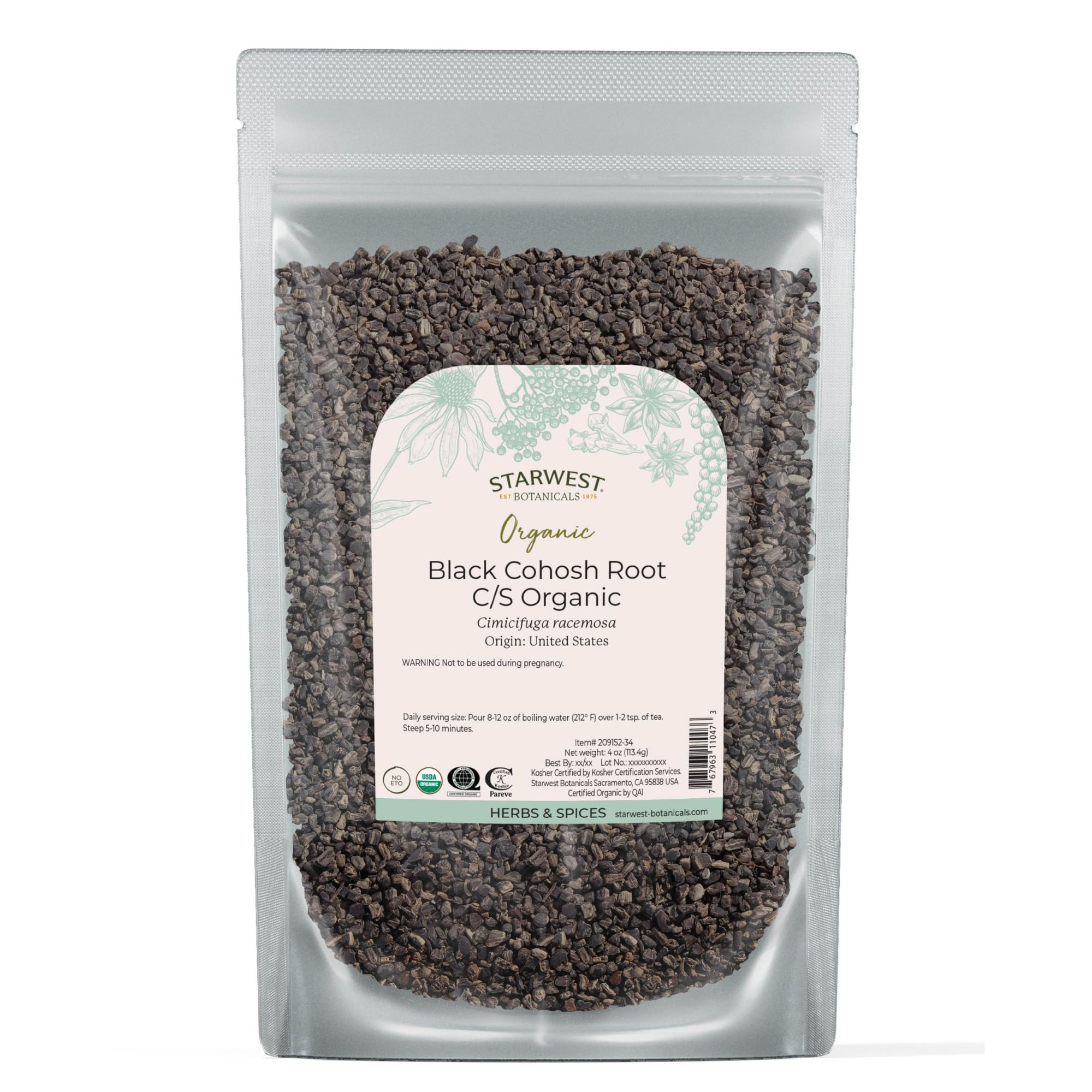 Starwest Botanicals Black Cohosh Root cut and sifted in a bag, ideal for tea blends.