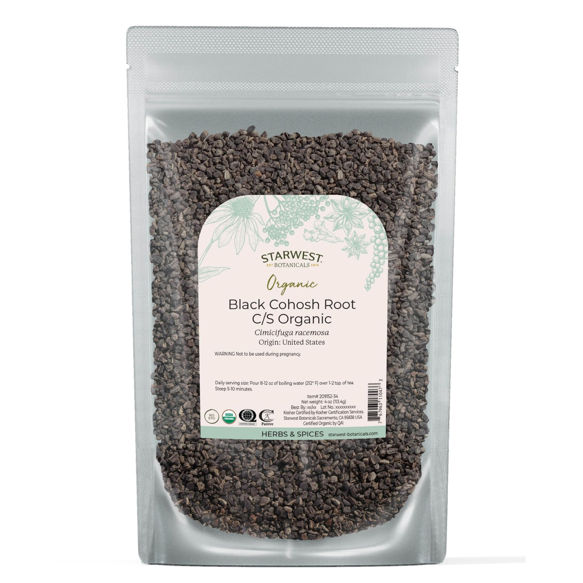 Starwest Botanicals Black Cohosh Root cut and sifted in a bag, ideal for tea blends.