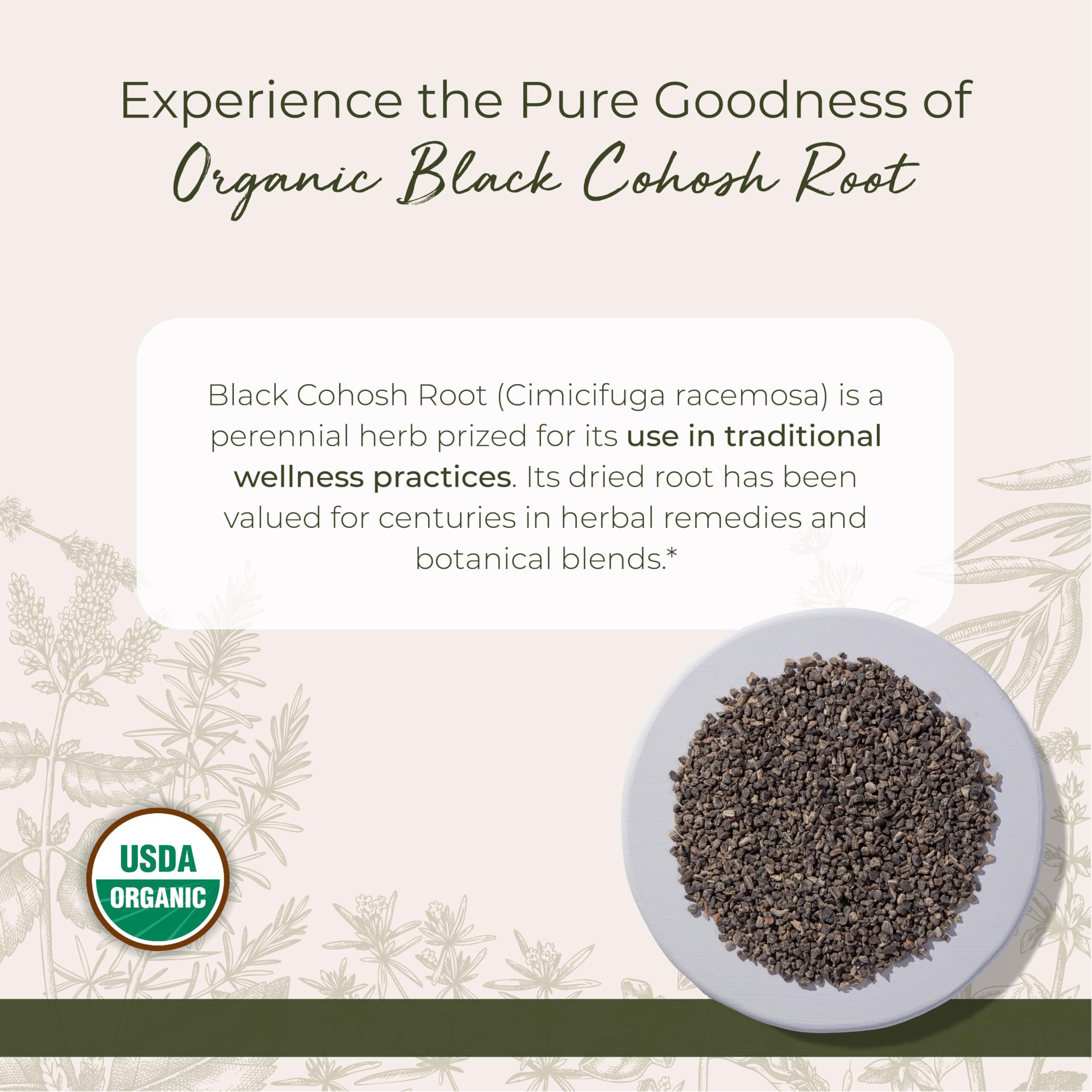 Close-up of cut and sifted black cohosh root showing earthy texture for tinctures.