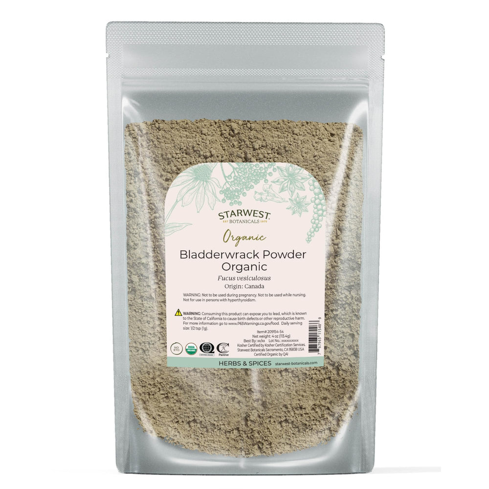 Starwest bladderwrack powder pouch showing organic quality for cooking.