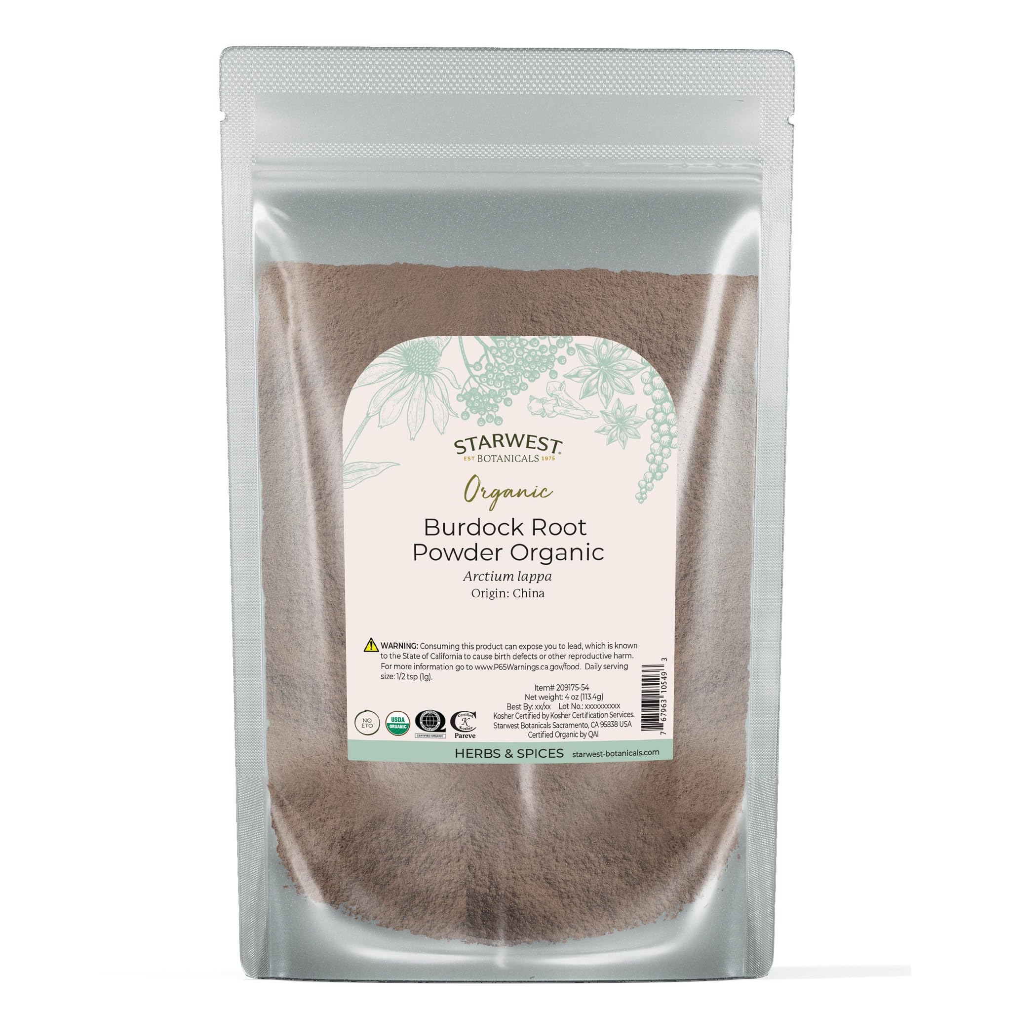 Starwest Botanicals burdock-root-powder organic packaging, ideal for tea blends