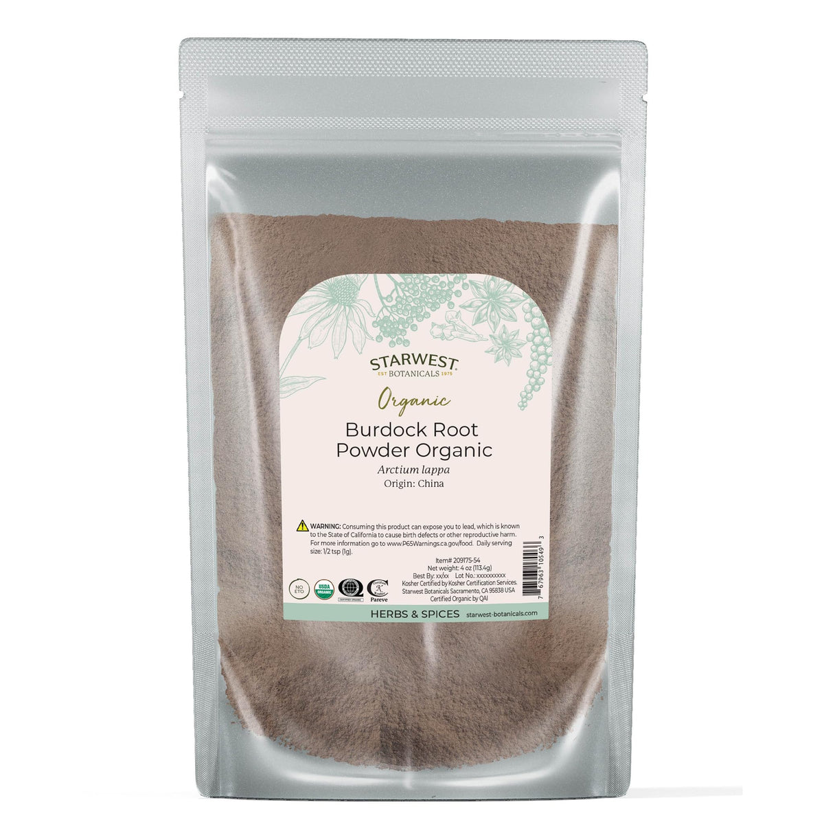 Starwest Botanicals burdock-root-powder organic packaging, ideal for tea blends
