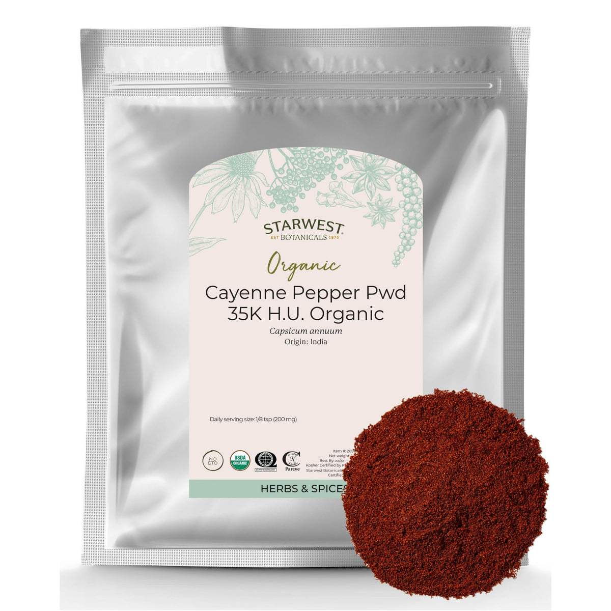 Starwest Botanicals Cayenne Pepper Powder jar adds bold heat to recipes.