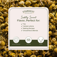 Starwest Botanicals chamomile flowers closeup shows delicate petals and natural color