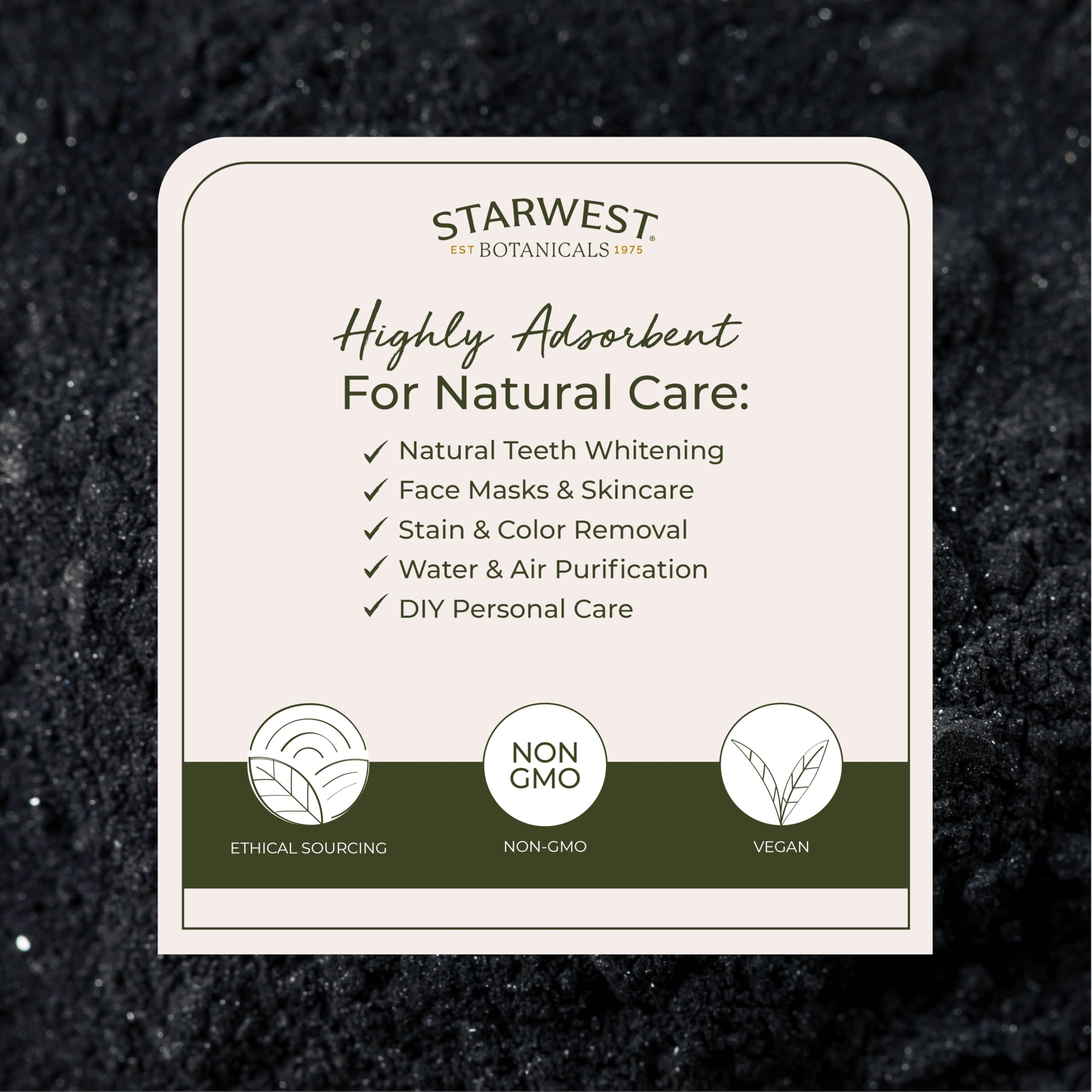 Starwest Botanicals charcoal powder scoop demonstrates precise measuring for recipes.
