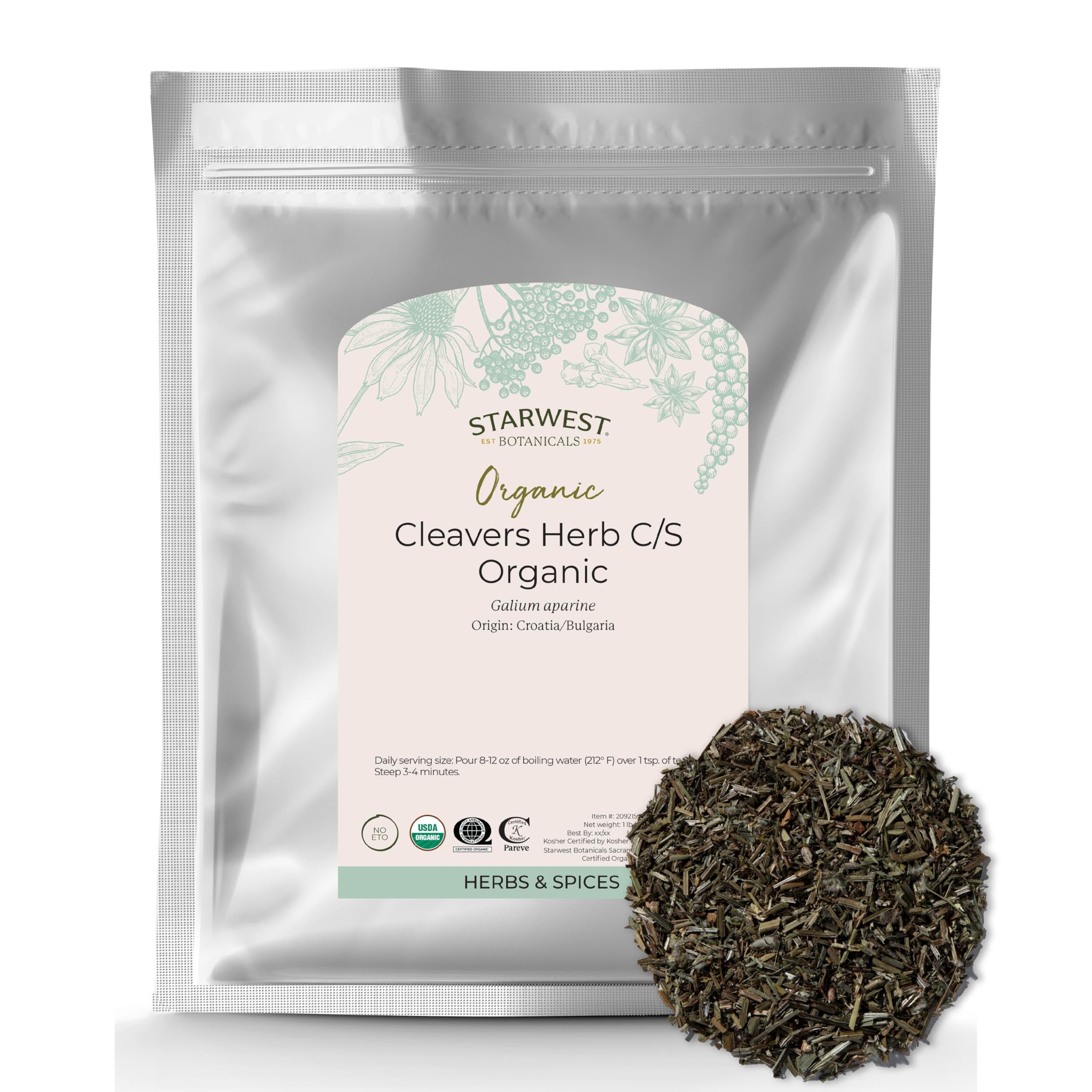 Starwest Botanicals Cleavers organic dried leaf ideal for tea infusions and savory blends.