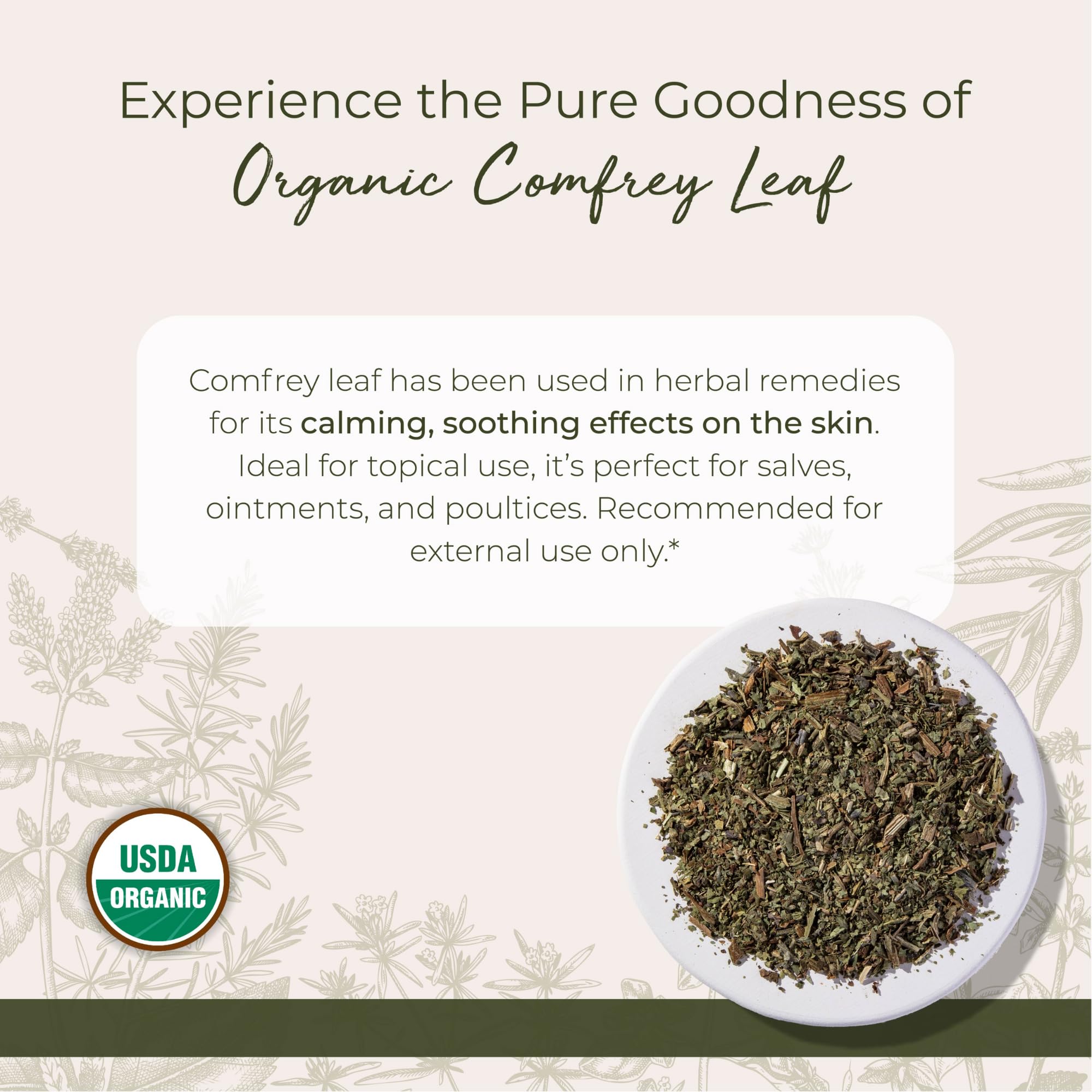 Starwest Botanicals comfrey leaf close-up texture showing earthy aroma for salves