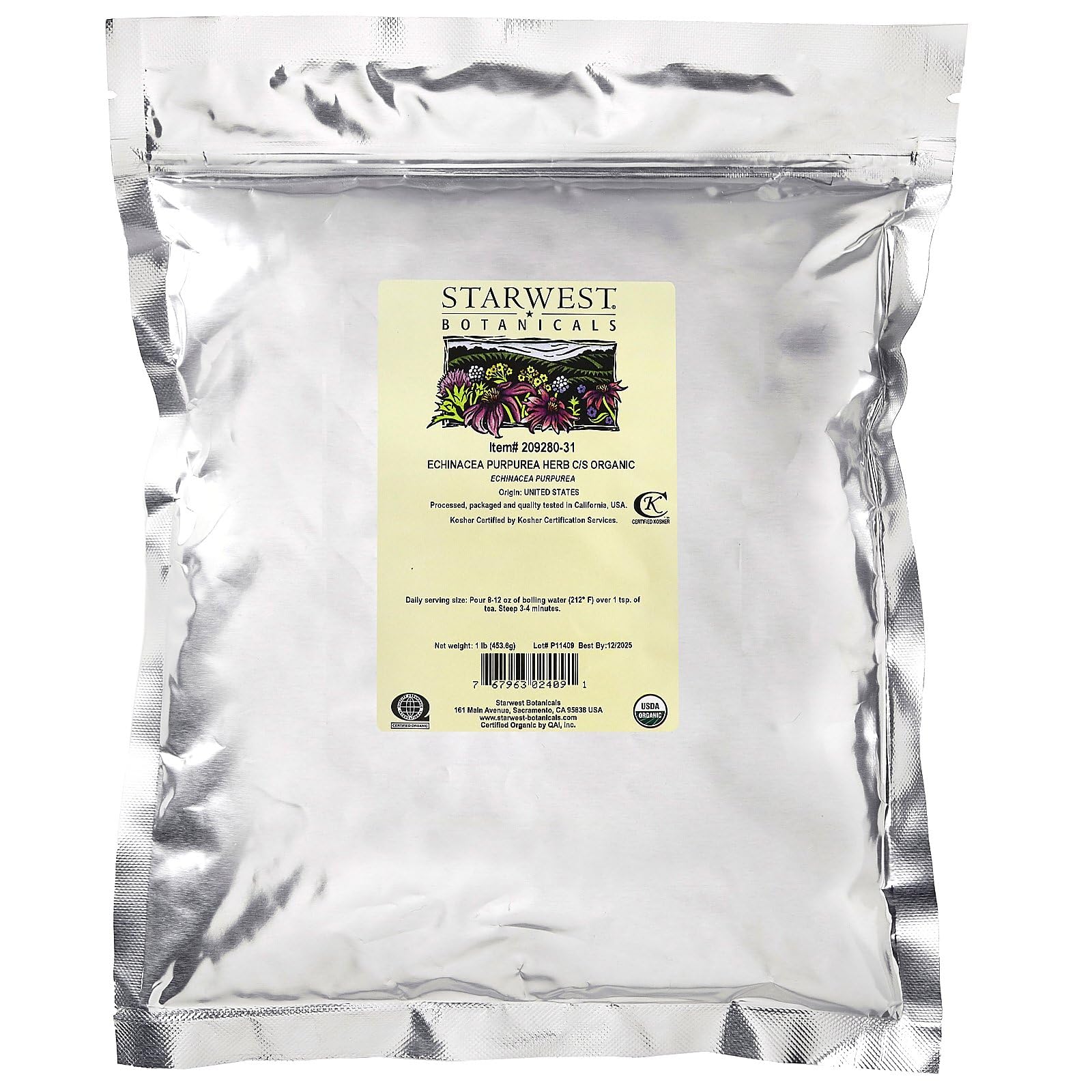 Starwest Botanicals Echinacea Purpurea CS bag closeup, preserving freshness in resealable packaging.