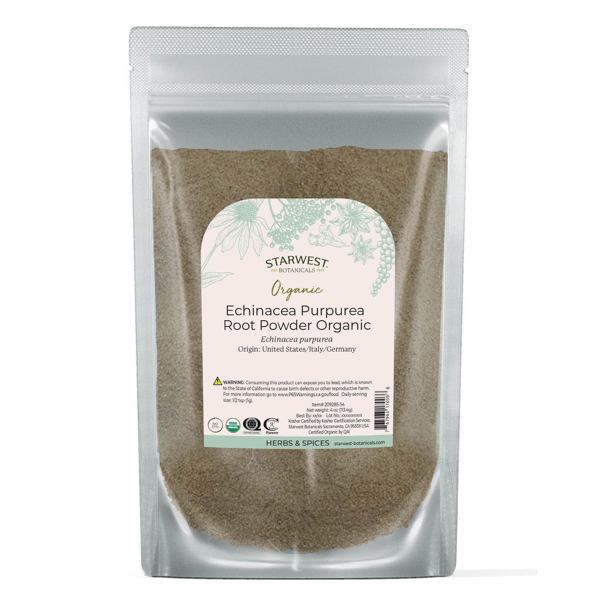Starwest Botanicals Echinacea Purpurea root powder in a 4 oz pouch for tea