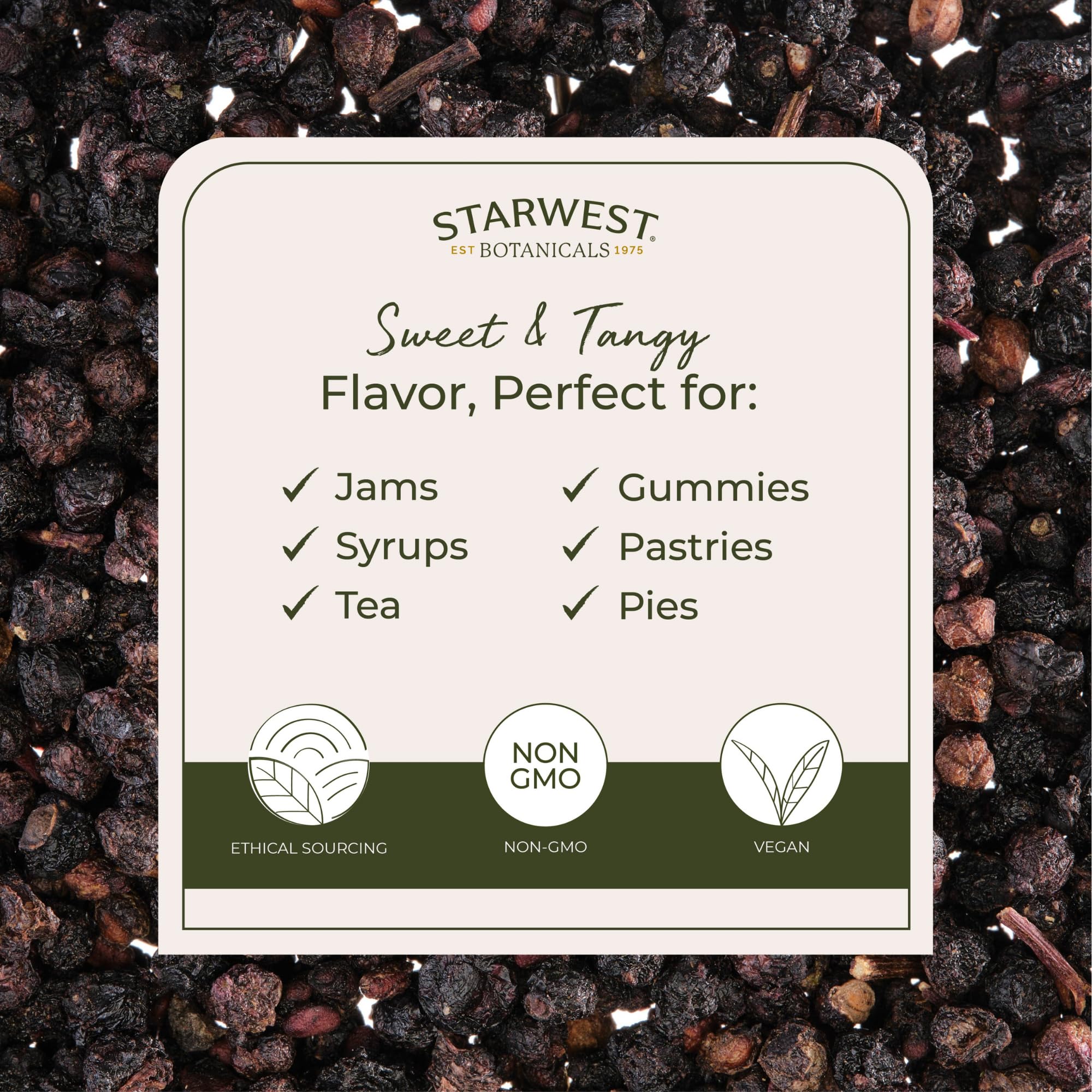 Starwest Botanicals dried elderberries close-up show deep purple hue and tart aroma
