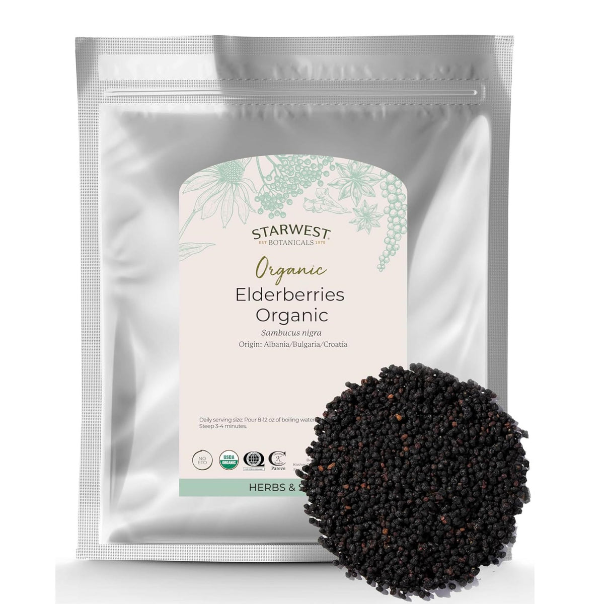 Starwest Botanicals dried elderberries in a bag, ready for tea or syrup