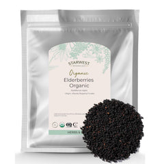 Starwest Botanicals dried elderberries in a bag, ready for tea or syrup