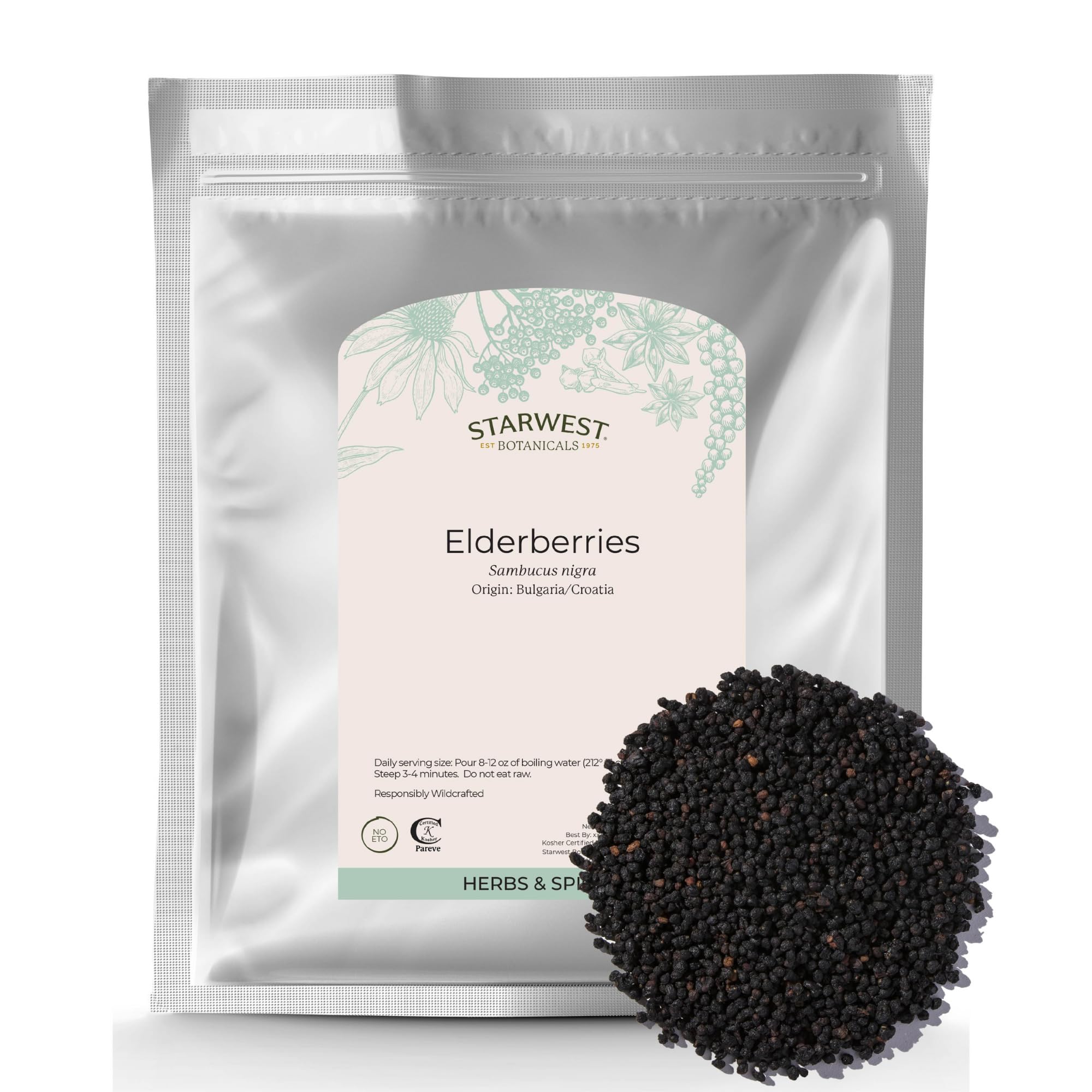 Starwest Botanicals dried elderberries in a bulk bag, rich color for versatile recipes