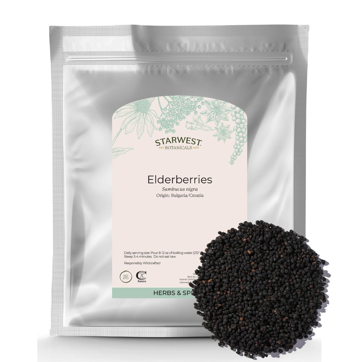 Starwest Botanicals dried elderberries in a bulk bag, rich color for versatile recipes