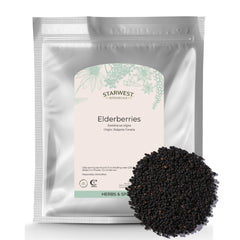 Starwest Botanicals dried elderberries in a bulk bag, rich color for versatile recipes