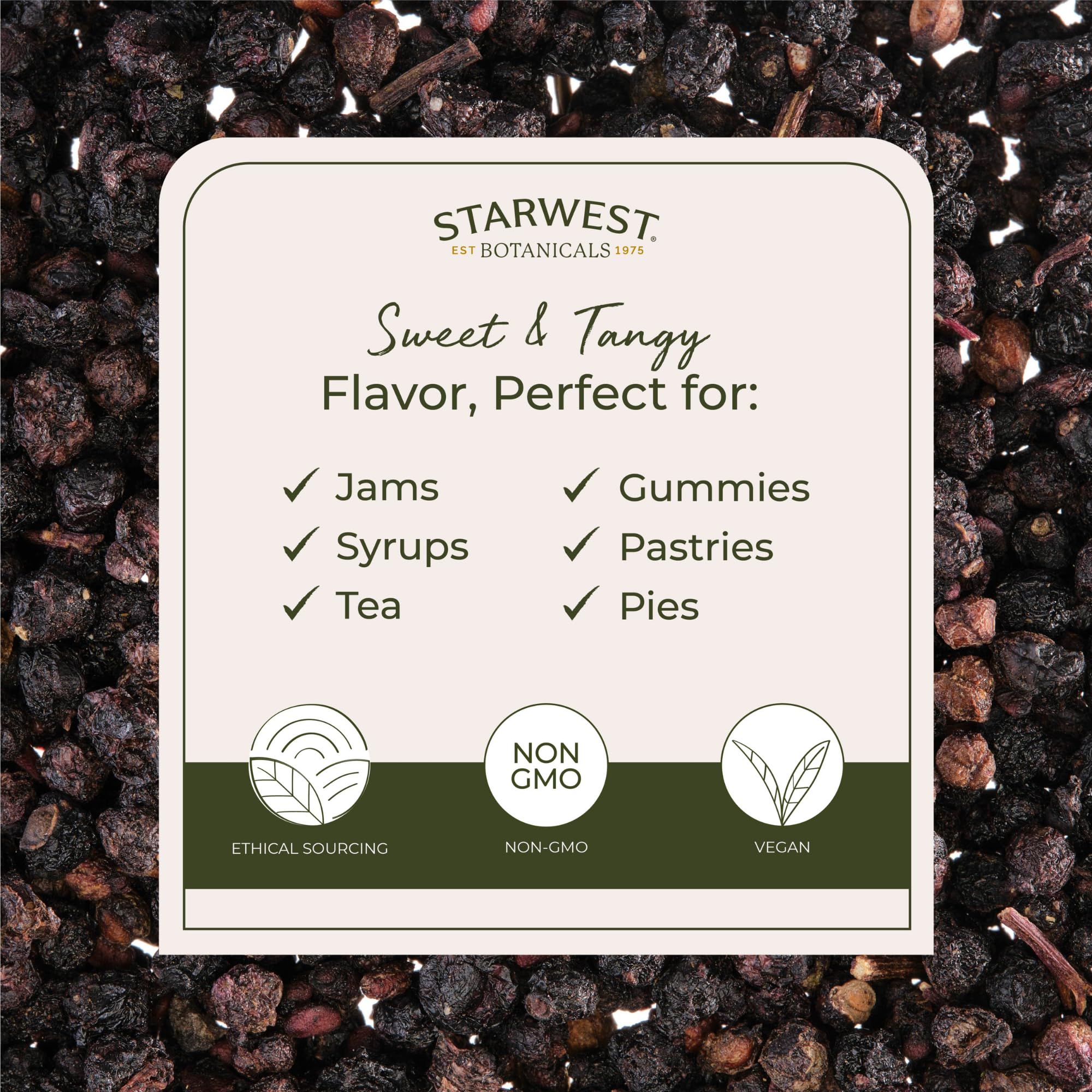 Starwest Botanicals dried elderberries on the counter, ready for recipes