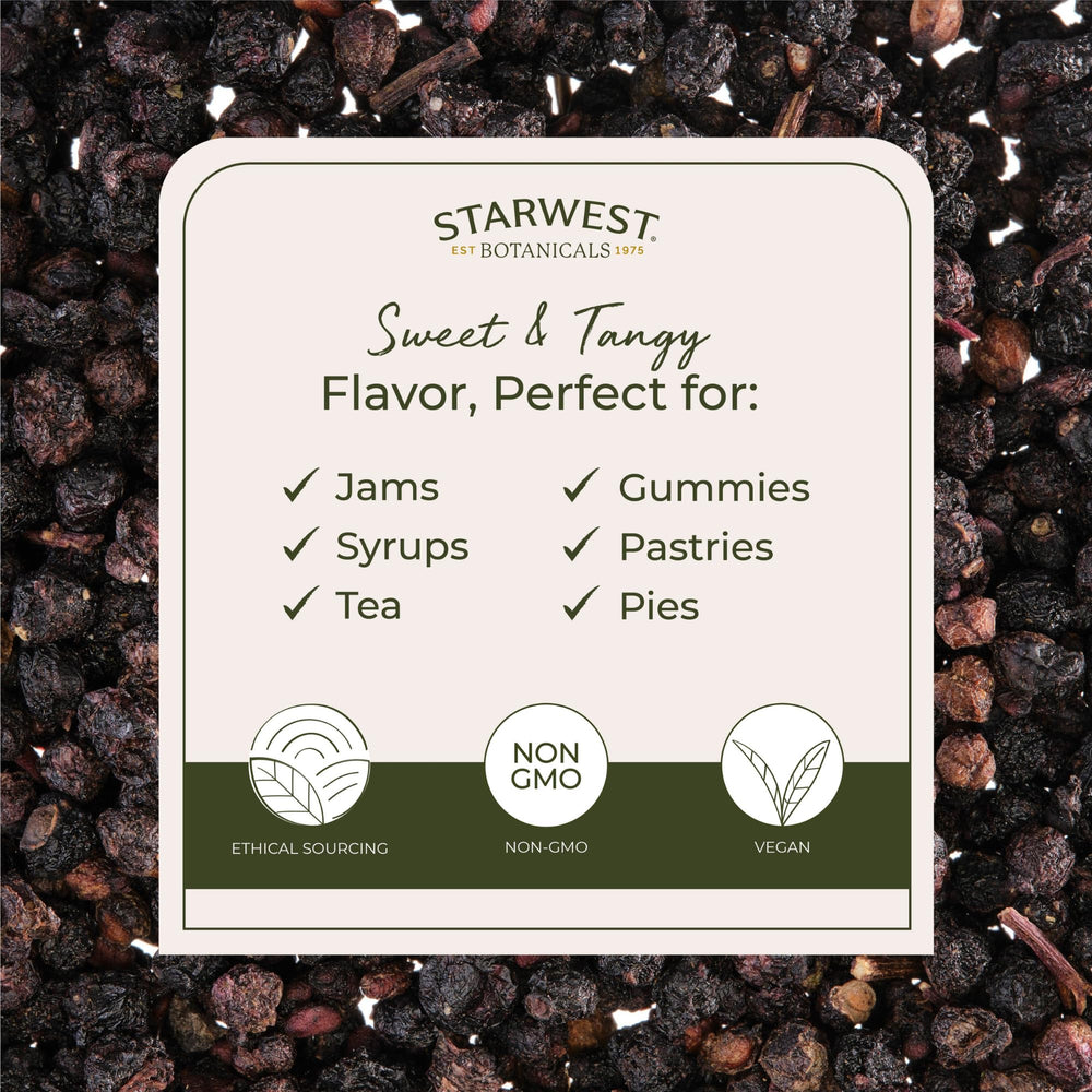 Starwest Botanicals dried elderberries on the counter, ready for recipes