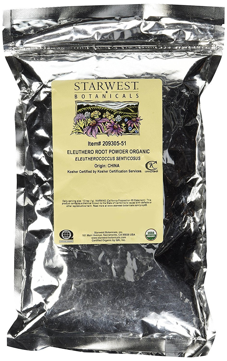 Starwest Botanicals Eleuthero root powder packaging, convenient daily supplement