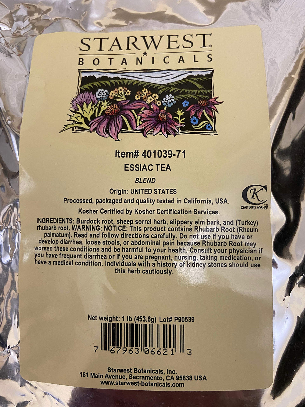 Starwest Botanicals Essiac Tea bottle front, ideal for everyday herbal tea rituals